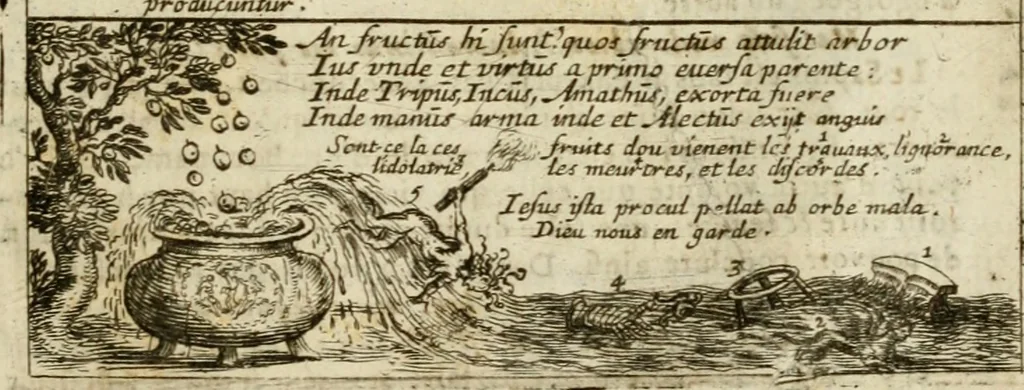An illustration from Les qvantitez disposeés par table et par figvre en taille douce : ouvrage où on se sert utilement des lieux de rhetorique, pour rendre plus facile l'intelligence des exemples en vers latins, qui y sont employez, & confirmez par plusieurs emblêmes, devises, enigmes, fables, histoires & allusions à divers proverbes, afin de les mieux retenir, & de ne regler pas moins les murs que le jugement, 1572, leaf 42