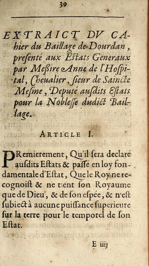 An illustration from Les Resolvtions Et Arrestez De La Chambre Dv Tiers Estat : touchant le premier Article de leur Cahier, presenté au Roy., 1615, leaf 45