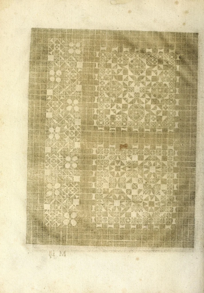 An illustration from Les secondes oeuures et subtiles inuentions de lingerie du seigneur Federic de Vinçiolo Venitien : nouuellement augmenté de plusieurs carrez de point de rebort, ou sont representees plusieurs figures de reseau, nombres de carrez & bordures tous differents, le tout de poinct conté, auec autres sortes de carrez de nouuelle inuention non encores vues, 1603, leaf 100