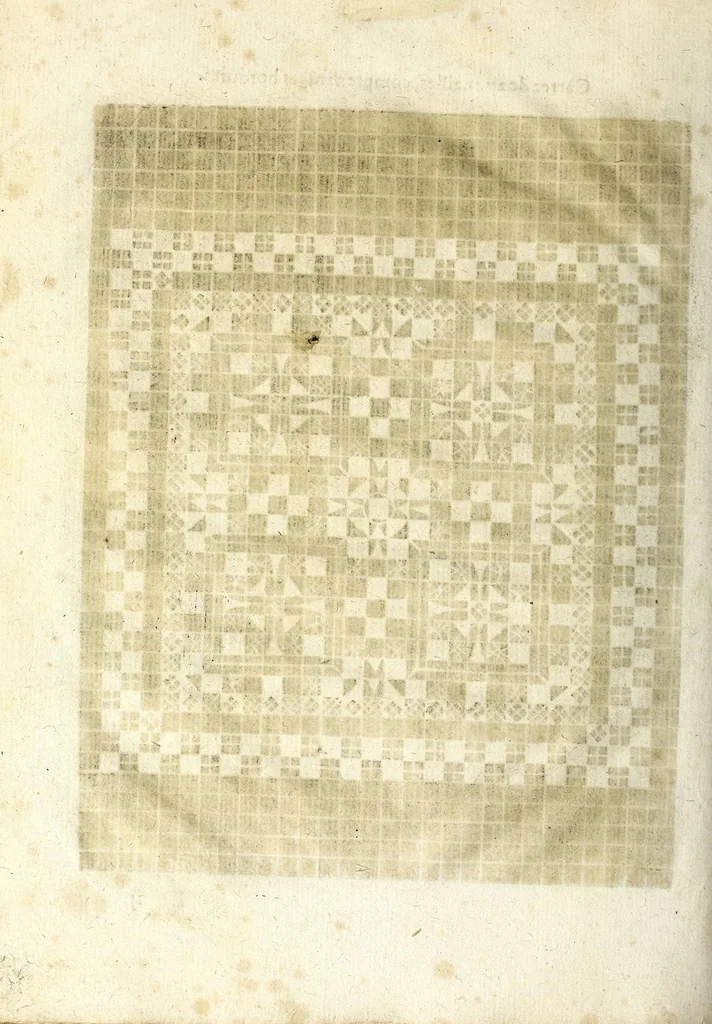 An illustration from Les secondes oeuures et subtiles inuentions de lingerie du seigneur Federic de Vinçiolo Venitien : nouuellement augmenté de plusieurs carrez de point de rebort, ou sont representees plusieurs figures de reseau, nombres de carrez & bordures tous differents, le tout de poinct conté, auec autres sortes de carrez de nouuelle inuention non encores vues, 1603, leaf 90
