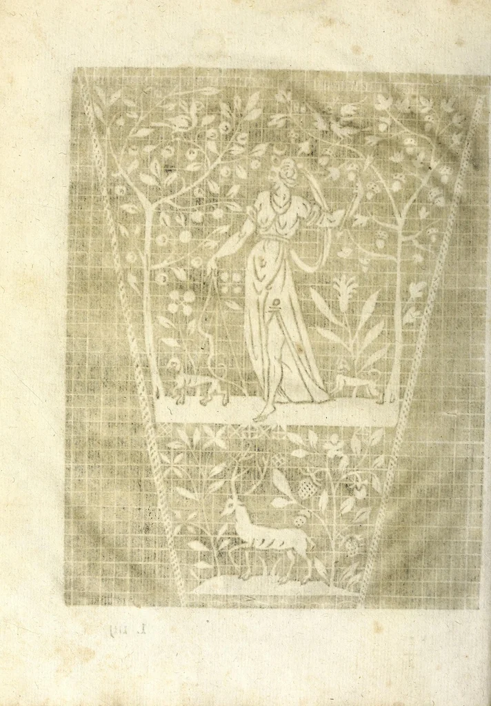 An illustration from Les secondes oeuures et subtiles inuentions de lingerie du seigneur Federic de Vinçiolo Venitien : nouuellement augmenté de plusieurs carrez de point de rebort, ou sont representees plusieurs figures de reseau, nombres de carrez & bordures tous differents, le tout de poinct conté, auec autres sortes de carrez de nouuelle inuention non encores vues, 1603, leaf 94
