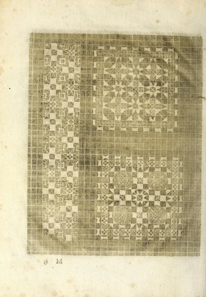 An illustration from Les secondes oeuures et subtiles inuentions de lingerie du seigneur Federic de Vinçiolo Venitien : nouuellement augmenté de plusieurs carrez de point de rebort, ou sont representees plusieurs figures de reseau, nombres de carrez & bordures tous differents, le tout de poinct conté, auec autres sortes de carrez de nouuelle inuention non encores vues, 1603, leaf 98