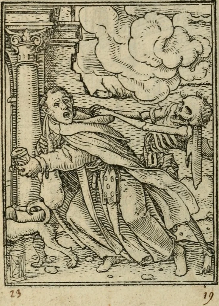 An illustration from Les simulachres & historiees faces de la mort, avtant elegammet pourtraictes, que artificiellement imaginées, 1547, leaf 11