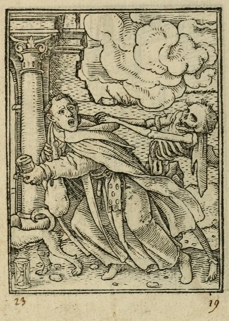 An illustration from Les simulachres & historiees faces de la mort, avtant elegammet pourtraictes, que artificiellement imaginées, 1547, leaf 12