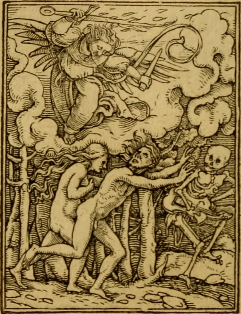 An illustration from Les simulachres & historiees faces de la mort, autant elegamme[n]t pourtraictes, que artificiellement imaginées, 1538, leaf 25