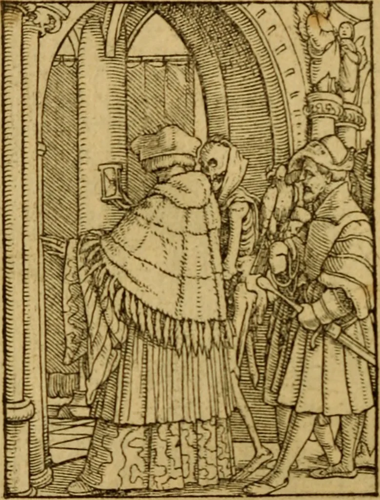 An illustration from Les simulachres & historiees faces de la mort, autant elegamme[n]t pourtraictes, que artificiellement imaginées, 1538, leaf 39