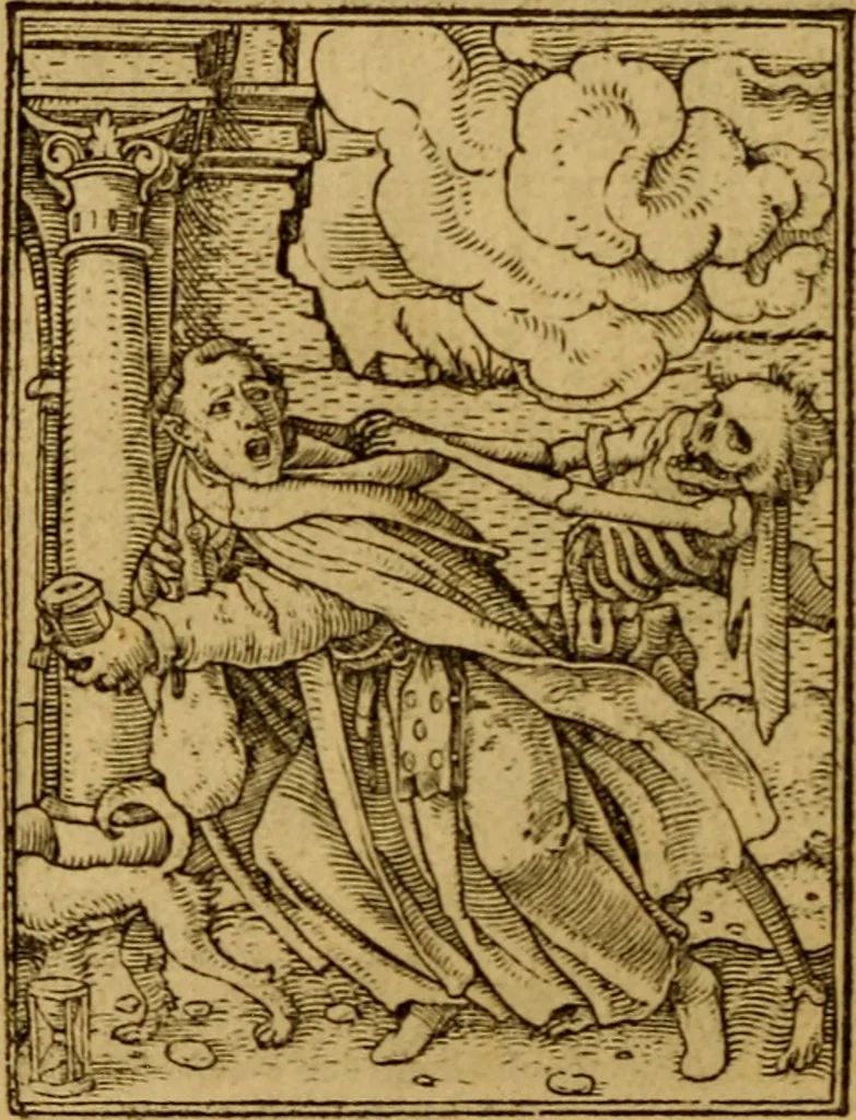 An illustration from Les simulachres & historiees faces de la mort, autant elegamme[n]t pourtraictes, que artificiellement imaginées, 1538, leaf 45