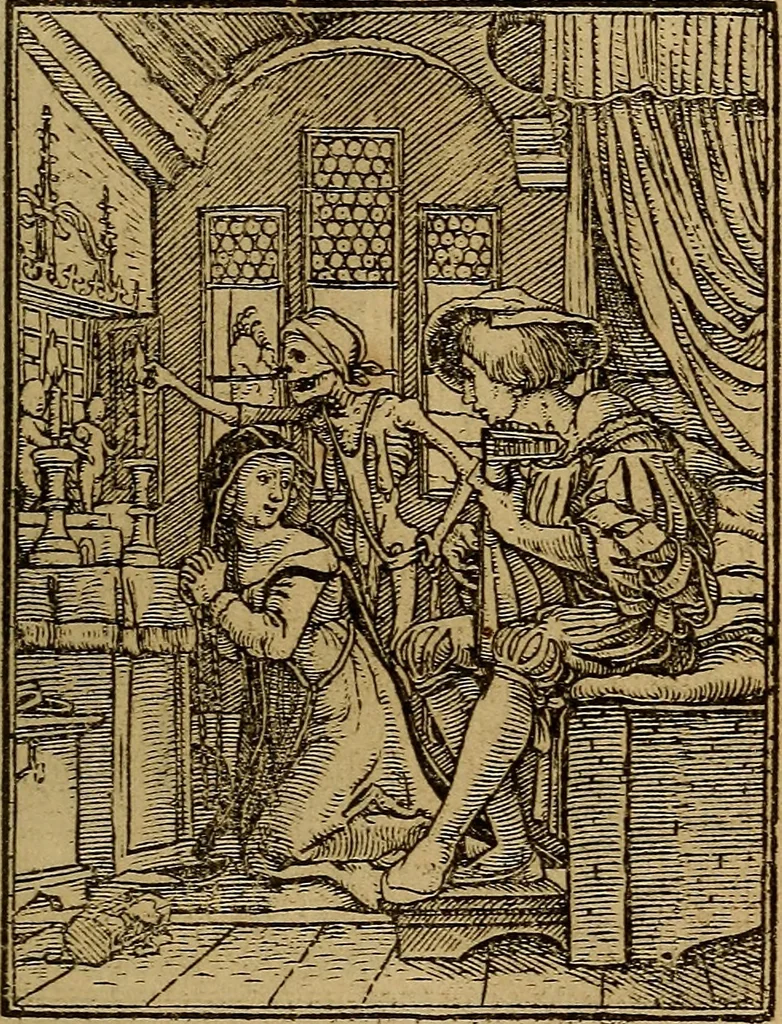An illustration from Les simulachres & historiees faces de la mort, autant elegamme[n]t pourtraictes, que artificiellement imaginées, 1538, leaf 46