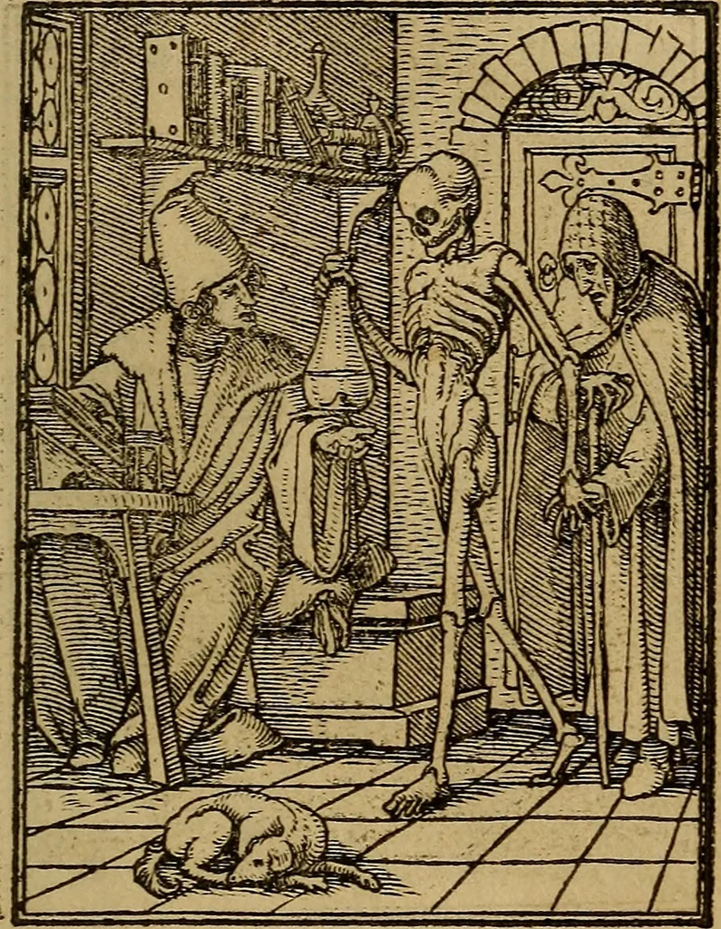 An illustration from Les simulachres & historiees faces de la mort, autant elegamme[n]t pourtraictes, que artificiellement imaginées, 1538, leaf 48