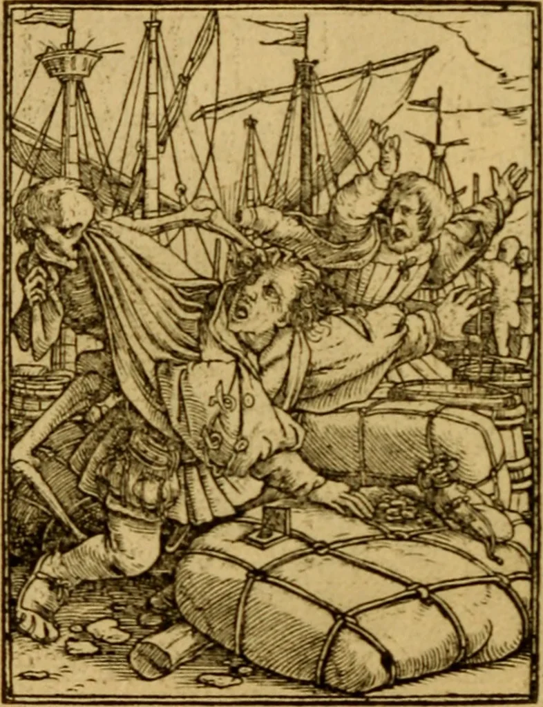 An illustration from Les simulachres & historiees faces de la mort, autant elegamme[n]t pourtraictes, que artificiellement imaginées, 1538, leaf 51