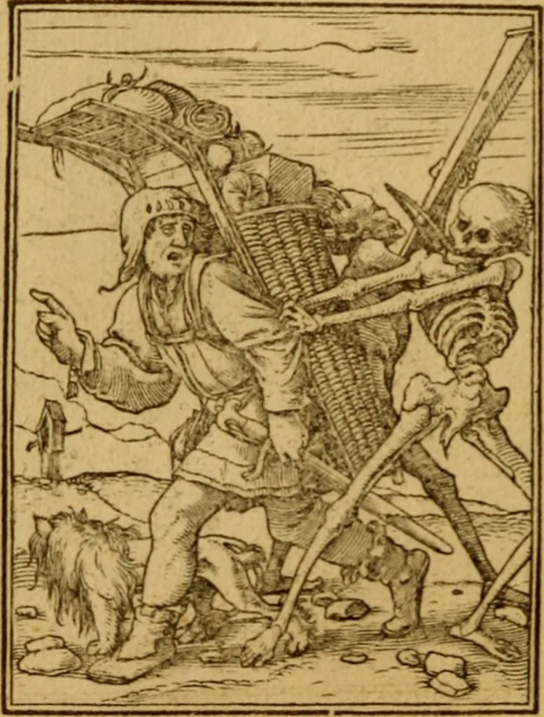 An illustration from Les simulachres & historiees faces de la mort, autant elegamme[n]t pourtraictes, que artificiellement imaginées, 1538, leaf 59