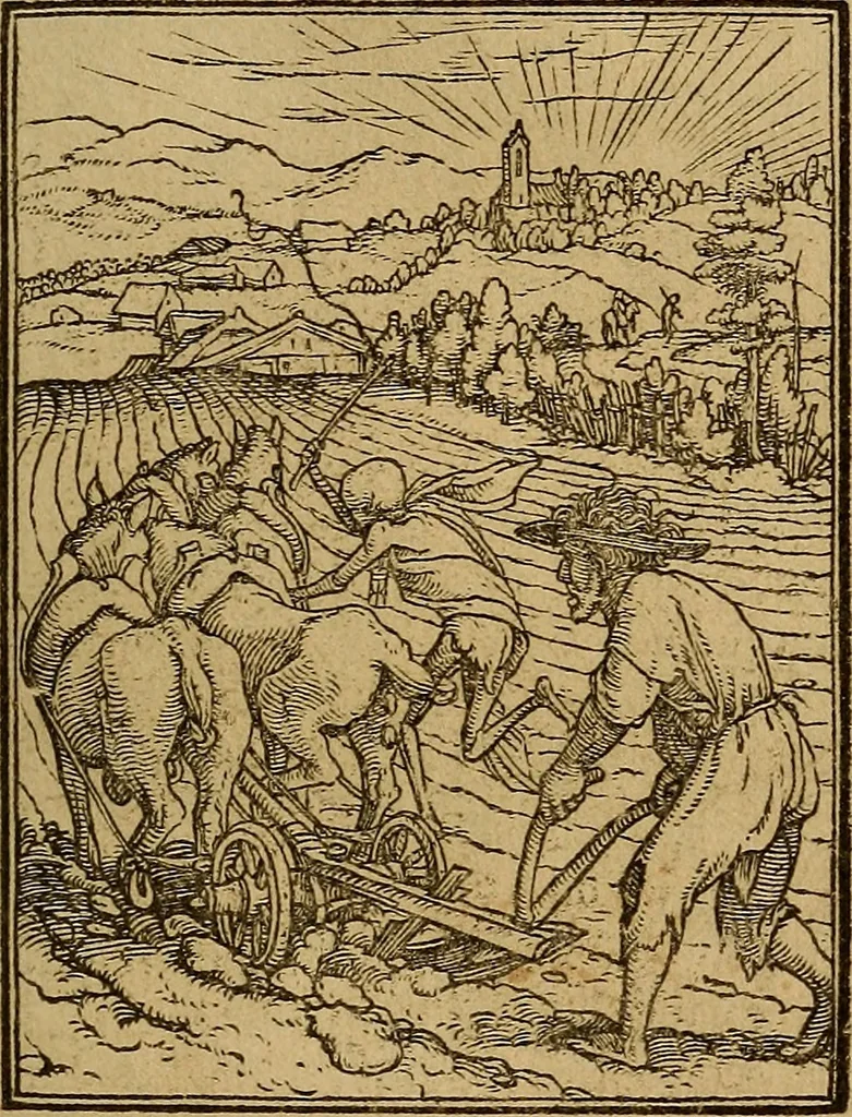 An illustration from Les simulachres & historiees faces de la mort, autant elegamme[n]t pourtraictes, que artificiellement imaginées, 1538, leaf 60