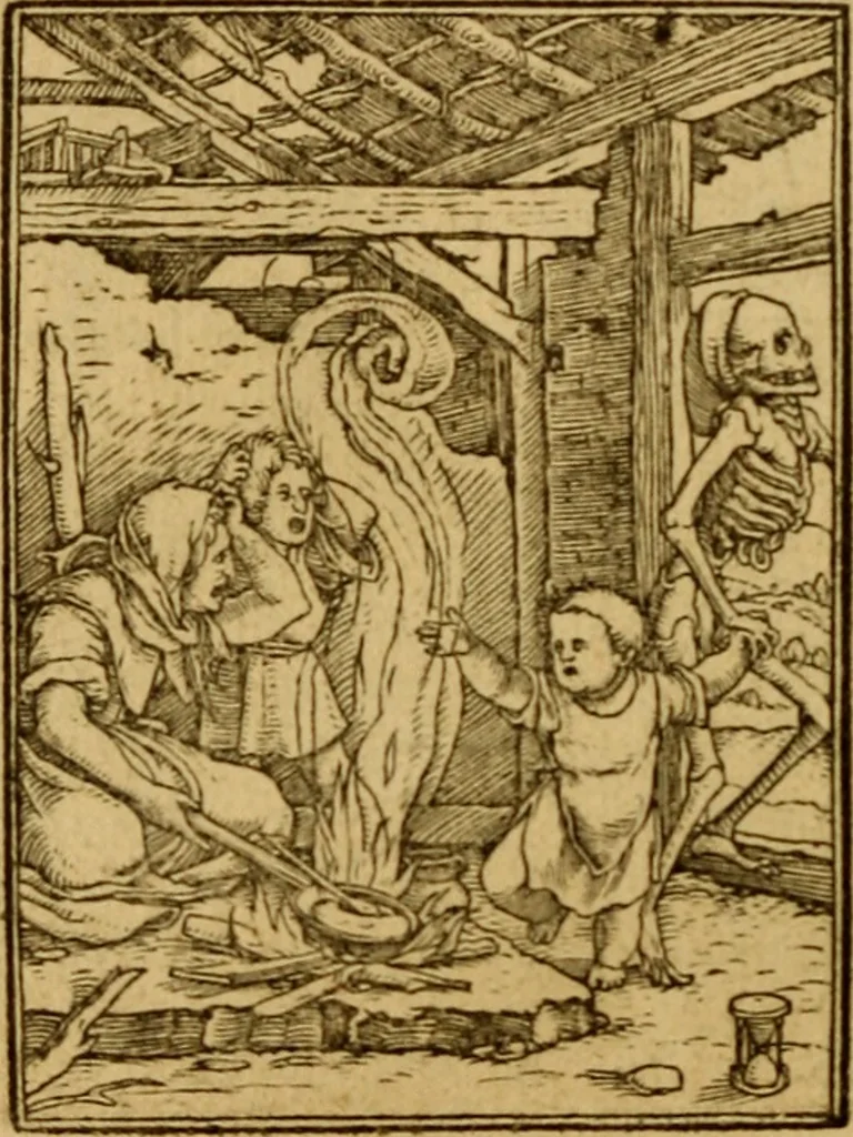 An illustration from Les simulachres & historiees faces de la mort, autant elegamme[n]t pourtraictes, que artificiellement imaginées, 1538, leaf 61