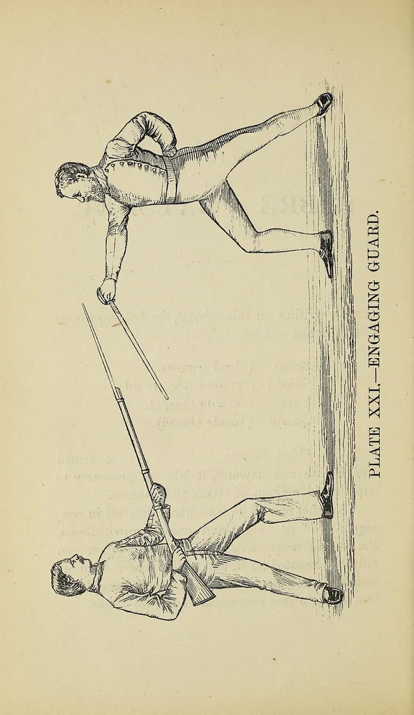 An illustration from Lessons in sabre, singlestick, sabre & bayonet, and sword feats; how to use a cut-and-thrust sword .., 1880, leaf 102