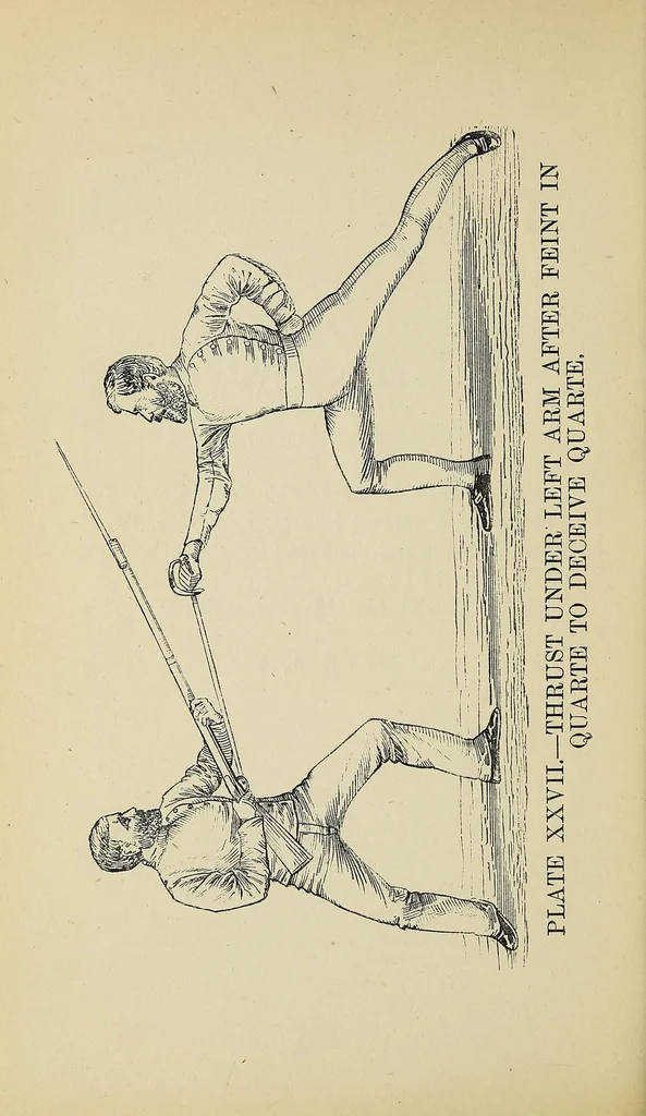 An illustration from Lessons in sabre, singlestick, sabre & bayonet, and sword feats; how to use a cut-and-thrust sword .., 1880, leaf 116