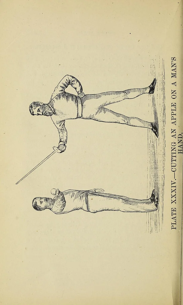 An illustration from Lessons in sabre, singlestick, sabre & bayonet, and sword feats; how to use a cut-and-thrust sword .., 1880, leaf 148