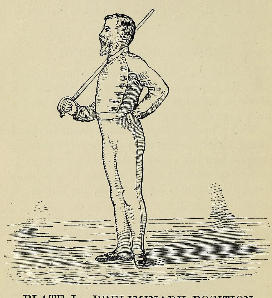 An illustration from Lessons in sabre, singlestick, sabre & bayonet, and sword feats; how to use a cut-and-thrust sword .., 1880, leaf 24