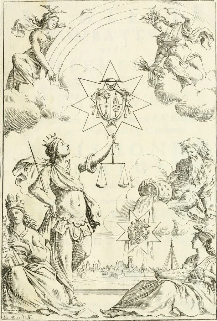 An illustration from Le stelle combattvte dagli elementi : torneo rapresentato in Ferrara da diversi cavalieri per ossequiare il merito infinito dell'emin.mo e reu.mo prencipe il sig. cardinale Sigismondo Chigi, loro dignissimo legato : nel tempo, che si fecero le nozze frà la signora Beatrice Bentivogli e sig. conte Ercole Pepoli, 1676, leaf 4