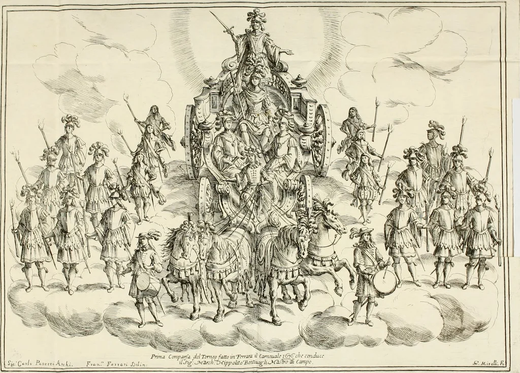 An illustration from Le stelle combattvte dagli elementi : torneo rapresentato in Ferrara da diversi cavalieri per ossequiare il merito infinito dell'emin.mo e reu.mo prencipe il sig. cardinale Sigismondo Chigi, loro dignissimo legato : nel tempo, che si fecero le nozze frà la signora Beatrice Bentivogli e sig. conte Ercole Pepoli, 1676, leaf 40