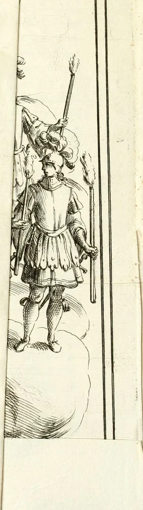 An illustration from Le stelle combattvte dagli elementi : torneo rapresentato in Ferrara da diversi cavalieri per ossequiare il merito infinito dell'emin.mo e reu.mo prencipe il sig. cardinale Sigismondo Chigi, loro dignissimo legato : nel tempo, che si fecero le nozze frà la signora Beatrice Bentivogli e sig. conte Ercole Pepoli, 1676, leaf 41