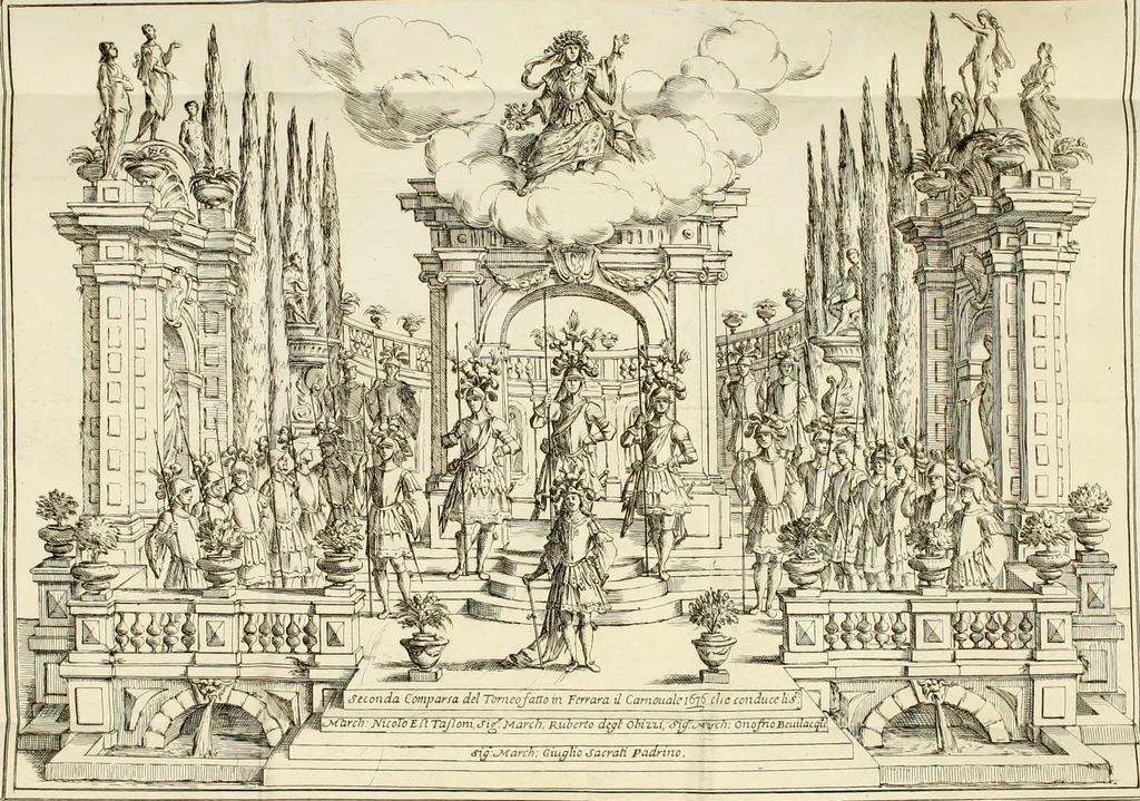 An illustration from Le stelle combattvte dagli elementi : torneo rapresentato in Ferrara da diversi cavalieri per ossequiare il merito infinito dell'emin.mo e reu.mo prencipe il sig. cardinale Sigismondo Chigi, loro dignissimo legato : nel tempo, che si fecero le nozze frà la signora Beatrice Bentivogli e sig. conte Ercole Pepoli, 1676, leaf 44