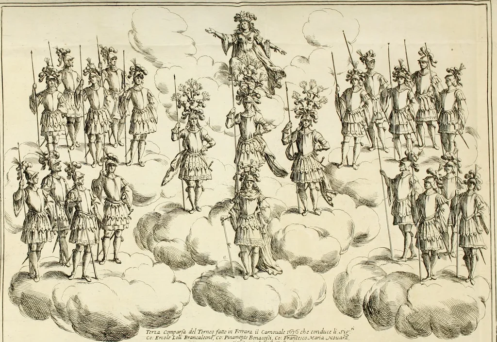 An illustration from Le stelle combattvte dagli elementi : torneo rapresentato in Ferrara da diversi cavalieri per ossequiare il merito infinito dell'emin.mo e reu.mo prencipe il sig. cardinale Sigismondo Chigi, loro dignissimo legato : nel tempo, che si fecero le nozze frà la signora Beatrice Bentivogli e sig. conte Ercole Pepoli, 1676, leaf 51