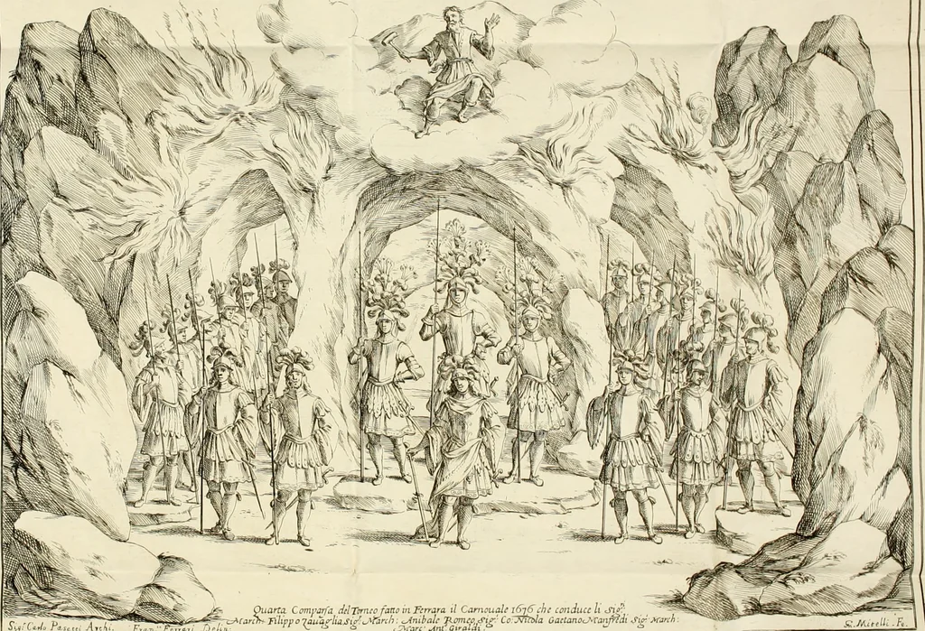 An illustration from Le stelle combattvte dagli elementi : torneo rapresentato in Ferrara da diversi cavalieri per ossequiare il merito infinito dell'emin.mo e reu.mo prencipe il sig. cardinale Sigismondo Chigi, loro dignissimo legato : nel tempo, che si fecero le nozze frà la signora Beatrice Bentivogli e sig. conte Ercole Pepoli, 1676, leaf 55