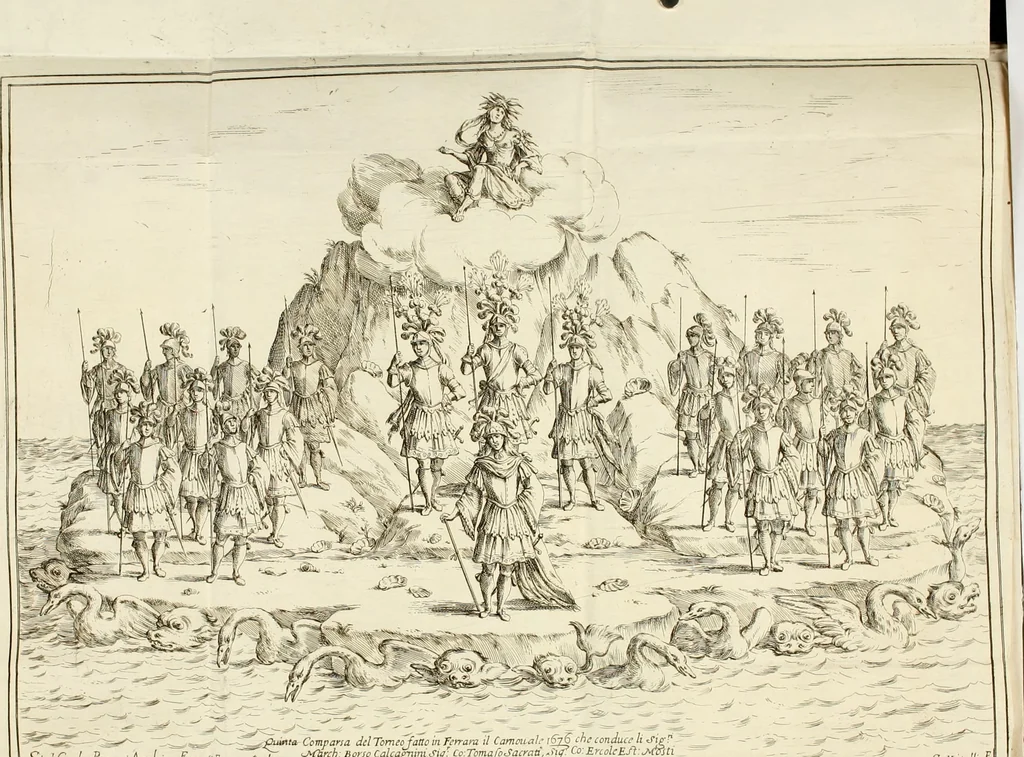 An illustration from Le stelle combattvte dagli elementi : torneo rapresentato in Ferrara da diversi cavalieri per ossequiare il merito infinito dell'emin.mo e reu.mo prencipe il sig. cardinale Sigismondo Chigi, loro dignissimo legato : nel tempo, che si fecero le nozze frà la signora Beatrice Bentivogli e sig. conte Ercole Pepoli, 1676, leaf 58