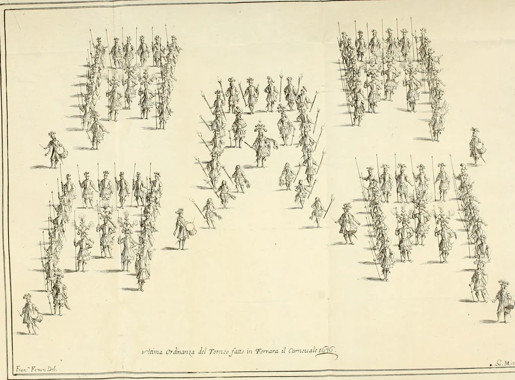 An illustration from Le stelle combattvte dagli elementi : torneo rapresentato in Ferrara da diversi cavalieri per ossequiare il merito infinito dell'emin.mo e reu.mo prencipe il sig. cardinale Sigismondo Chigi, loro dignissimo legato : nel tempo, che si fecero le nozze frà la signora Beatrice Bentivogli e sig. conte Ercole Pepoli, 1676, leaf 66