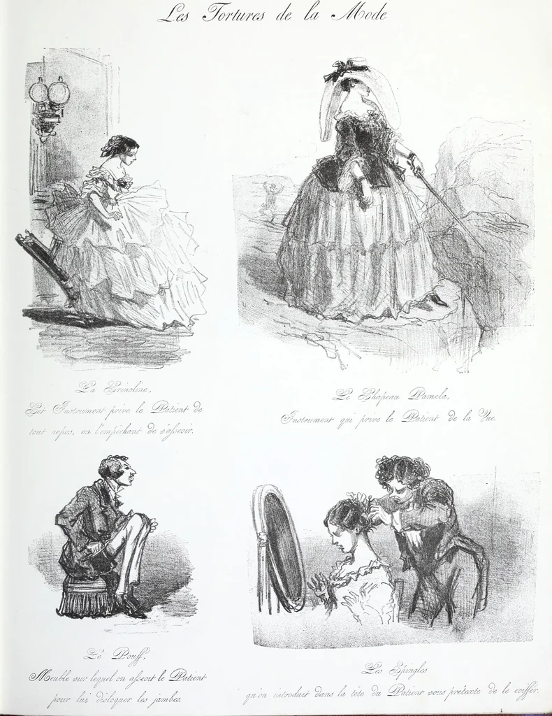 An illustration from Les tortures de la mode, 1850, leaf 14