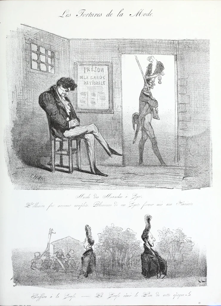 An illustration from Les tortures de la mode, 1850, leaf 48