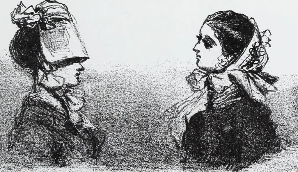 An illustration from Les tortures de la mode, 1850, leaf 52