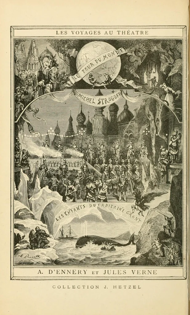 An illustration from Les voyages au théâtrè par A. D'Ennery et Jules Verne. Dessins par L. Benett et H. Meyer, 1881, leaf 10