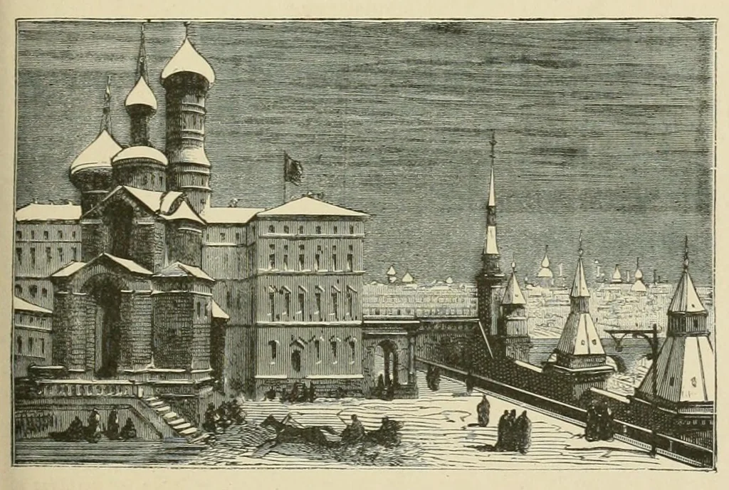An illustration from Les voyages au théâtrè par A. D'Ennery et Jules Verne. Dessins par L. Benett et H. Meyer, 1881, leaf 325