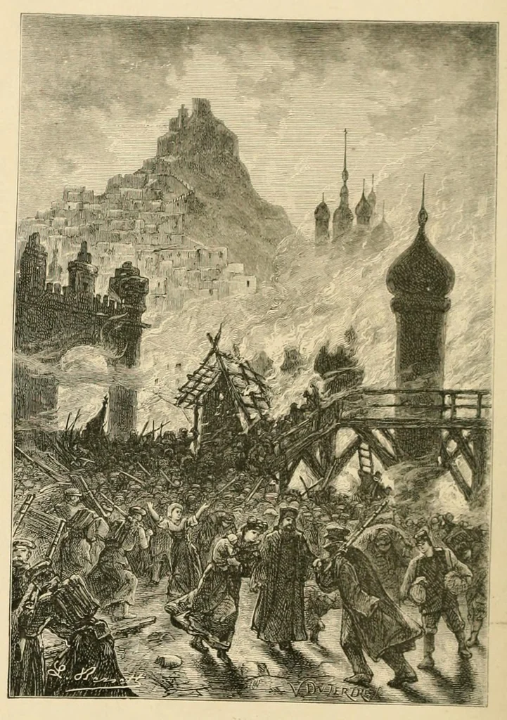 An illustration from Les voyages au théâtrè par A. D'Ennery et Jules Verne. Dessins par L. Benett et H. Meyer, 1881, leaf 410