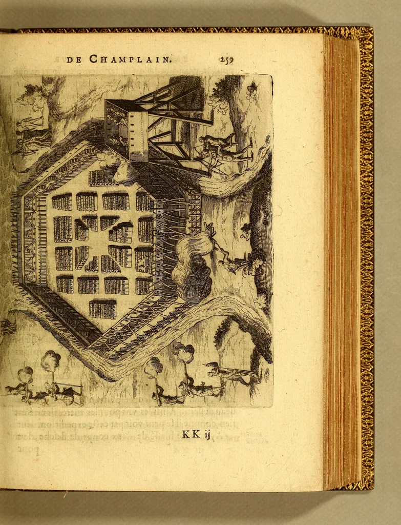 An illustration from Les voyages de la Nouuelle France occidentale, dite Canada: faits par le sr de Champlain Xainctongeois, Capitaine pour le roy en la marine du Ponant, & toutes les descouuertes qu'il a faites en ce païs depuis l'an 1603. iusques en l'an 1629. ... auec vn traicté des qualitez & conditions requises à vn bon & parfait nauigateur pour cognoistre la diuersité des estimes qui se font en la nauigation ... ensemble vne carte generale de la description dudit pays faite en son meridien, selon la declinaison de la guide-aymant; & vn catechisme ou instruction traduite du françois au langage des peuples sauuages de quelque contrée: auec ce qui s'est passé en ladite Nouuelle France en l'année 1631, 1640, leaf 281