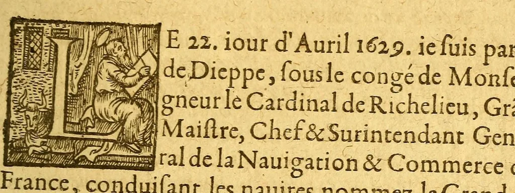 An illustration from Les voyages de la Nouuelle France occidentale, dite Canada: faits par le sr de Champlain Xainctongeois, Capitaine pour le roy en la marine du Ponant, & toutes les descouuertes qu'il a faites en ce païs depuis l'an 1603. iusques en l'an 1629. ... auec vn traicté des qualitez & conditions requises à vn bon & parfait nauigateur pour cognoistre la diuersité des estimes qui se font en la nauigation ... ensemble vne carte generale de la description dudit pays faite en son meridien, selon la declinaison de la guide-aymant; & vn catechisme ou instruction traduite du françois au langage des peuples sauuages de quelque contrée: auec ce qui s'est passé en ladite Nouuelle France en l'année 1631, 1640, leaf 601