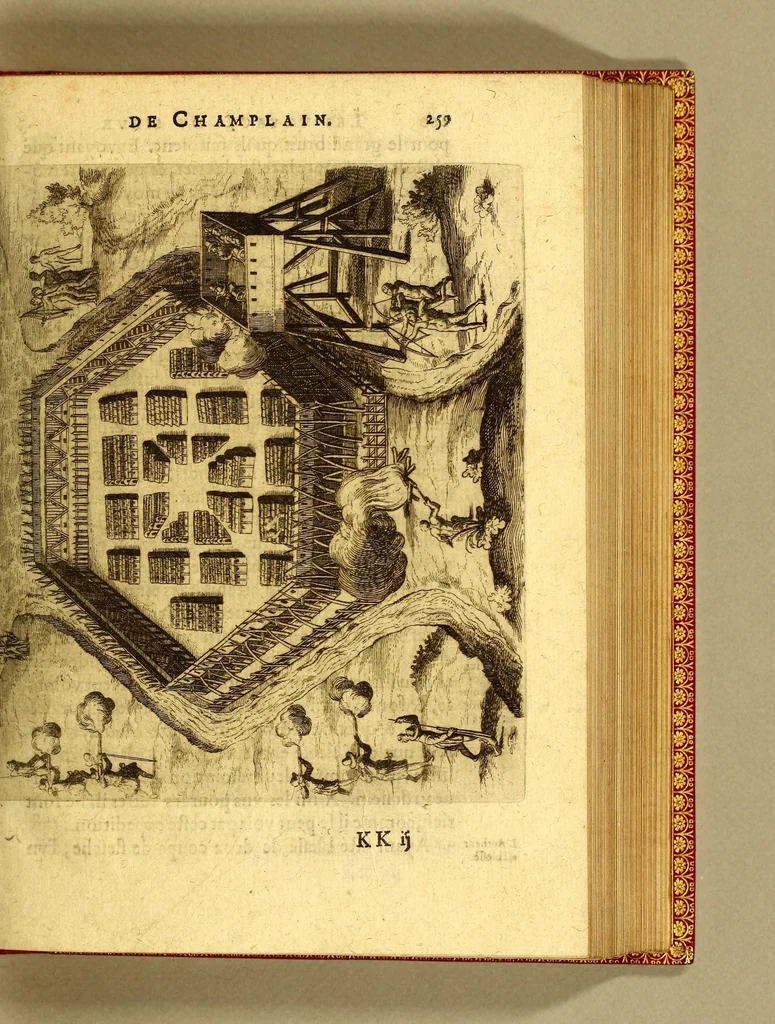 An illustration from Les voyages de la Nouuelle France occidentale, dicte Canada, faits par le sr de Champlain Xainctongeois, capitaine pour le roy en la marine du Ponant, & toutes les descouuertes qu'il a faites en ce païs depuis l'an 1603. iusques en l'an 1629. ... auec vn traitté des qualitez & conditions requises à vn bon & parfaict nauigateur pour cognoistre la diuersité des estimes qui se font en la nauigation ... ensemble vne carte generalle de la description dudit pays faicte en son meridien selon la declinaison de la guide aymant, & vn catechisme ou instruction traduicte du françois au langage des peuples sauuages de quelque contrée, auec ce qui s'est passé en ladite Nouuelle France en l'année 1631, 1632, leaf 273