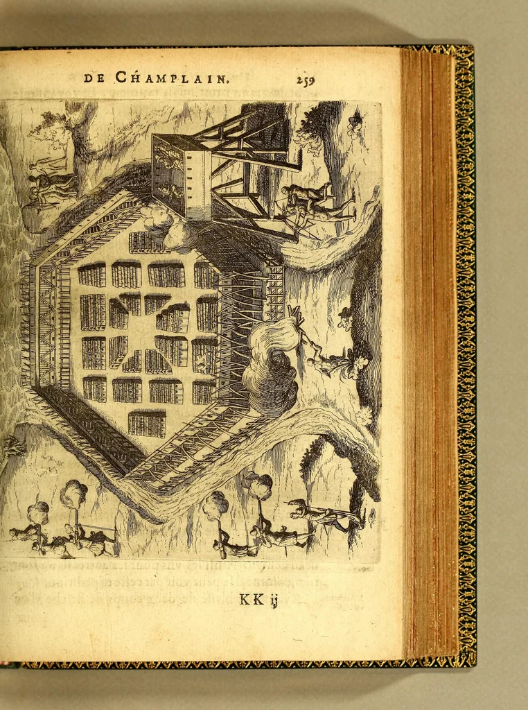 An illustration from Les voyages de la Nouuelle France occidentale, dicte Canada, faits par le sr de Champlain Xainctongeois, capitaine pour le roy en la marine du Ponant, & toutes les descouuertes qu'il a faites en ce païs depuis l'an 1603. iusques en l'an 1629. ... auec vn traitté des qualitez & conditions requises à vn bon & parfaict nauigateur pour cognoistre la diuersité des estimes qui se font en la nauigation ... ensemble vne carte generalle de la description dudit pays faicte en son meridien selon la declinaison de la guide aymant, & vn catechisme ou instruction traduicte du françois au langage des peuples sauuages de quelque contrée, auec ce qui s'est passé en ladite Nouuelle France en l'année 1631, 1632, leaf 281