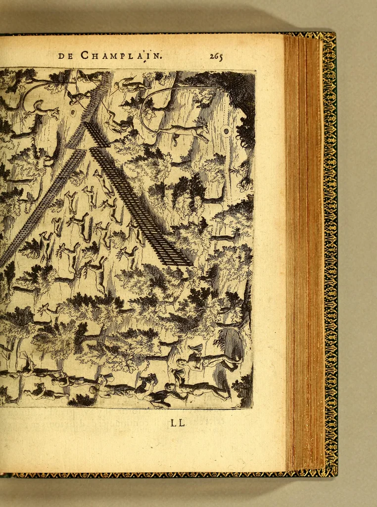 An illustration from Les voyages de la Nouuelle France occidentale, dicte Canada, faits par le sr de Champlain Xainctongeois, capitaine pour le roy en la marine du Ponant, & toutes les descouuertes qu'il a faites en ce païs depuis l'an 1603. iusques en l'an 1629. ... auec vn traitté des qualitez & conditions requises à vn bon & parfaict nauigateur pour cognoistre la diuersité des estimes qui se font en la nauigation ... ensemble vne carte generalle de la description dudit pays faicte en son meridien selon la declinaison de la guide aymant, & vn catechisme ou instruction traduicte du françois au langage des peuples sauuages de quelque contrée, auec ce qui s'est passé en ladite Nouuelle France en l'année 1631, 1632, leaf 287