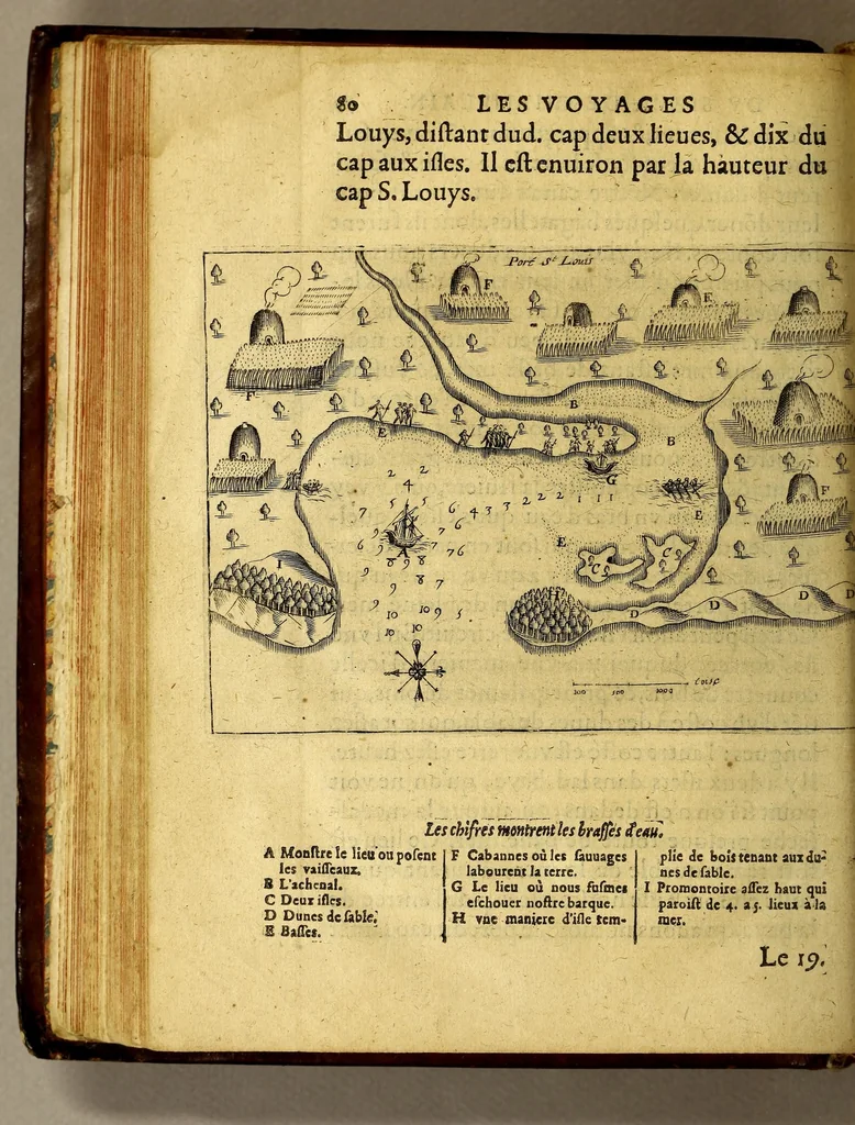 An illustration from Les voyages du sieur de Champlain Xaintongeois, capitaine ordinaire pour le roy, en la marine. : diuisez en deux liures. ou, iournal tres-fidele des obseruations faites és descouuertures de la Nouuelle France ... ensemble deux cartes geografiques ... à laquelle est adiousté le voyage du destroict qu'ont trouué les Anglois, au dessus de Labrador ... en l'an 1612. cerchans vn chemin par le Nord, pour aller à la Chine, 1613, leaf 118