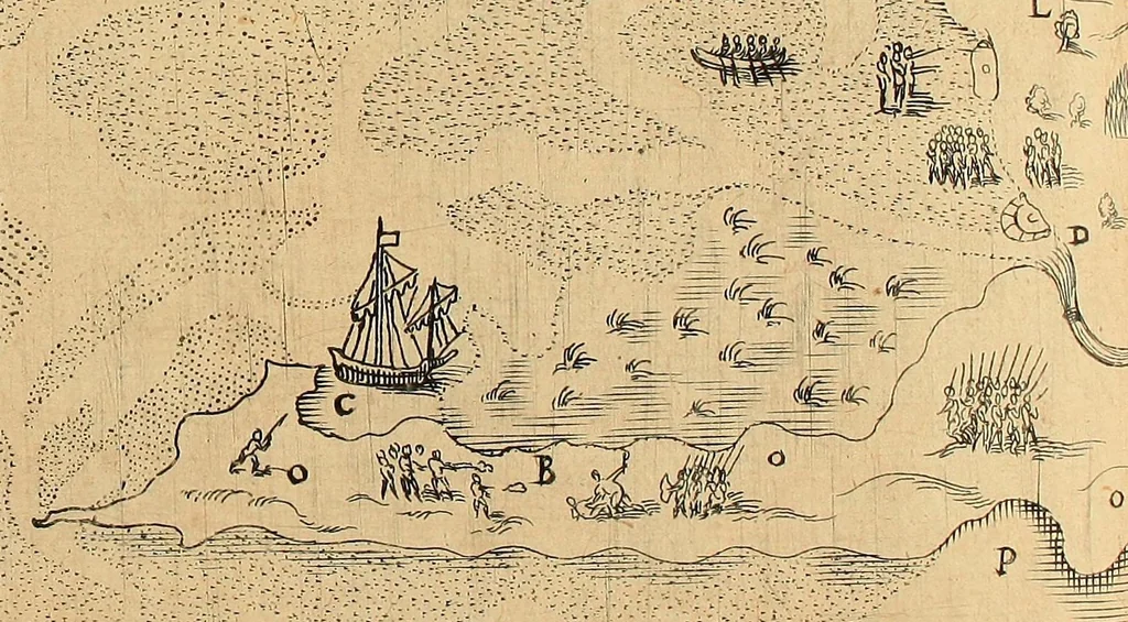 An illustration from Les voyages du sieur de Champlain Xaintongeois, capitaine ordinaire pour le roy, en la marine. : diuisez en deux liures. ou, iournal tres-fidele des obseruations faites és descouuertures de la Nouuelle France ... ensemble deux cartes geografiques ... à laquelle est adiousté le voyage du destroict qu'ont trouué les Anglois, au dessus de Labrador ... en l'an 1612. cerchans vn chemin par le Nord, pour aller à la Chine, 1613, leaf 120