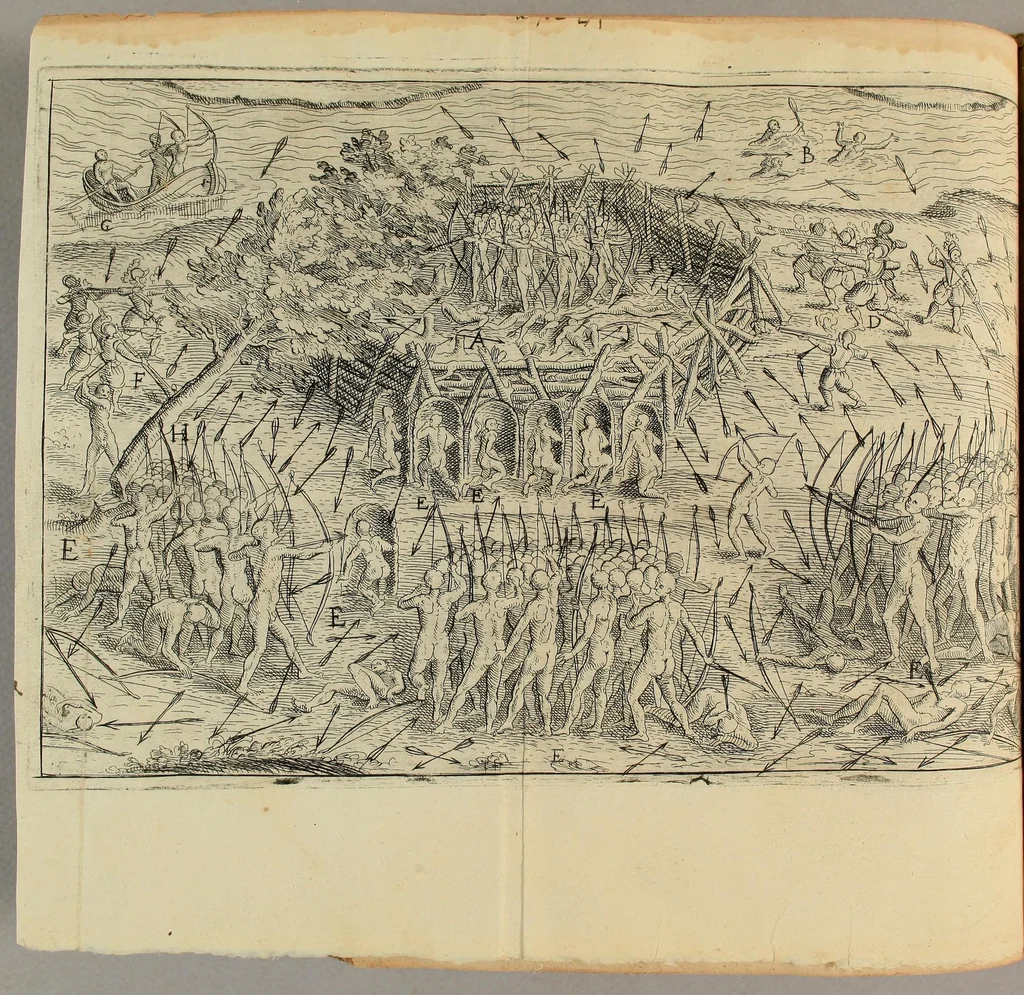 An illustration from Les voyages du sieur de Champlain Xaintongeois, capitaine ordinaire pour le roy, en la marine. : diuisez en deux liures. ou, iournal tres-fidele des obseruations faites és descouuertures de la Nouuelle France ... ensemble deux cartes geografiques ... à laquelle est adiousté le voyage du destroict qu'ont trouué les Anglois, au dessus de Labrador ... en l'an 1612. cerchans vn chemin par le Nord, pour aller à la Chine, 1613, leaf 300