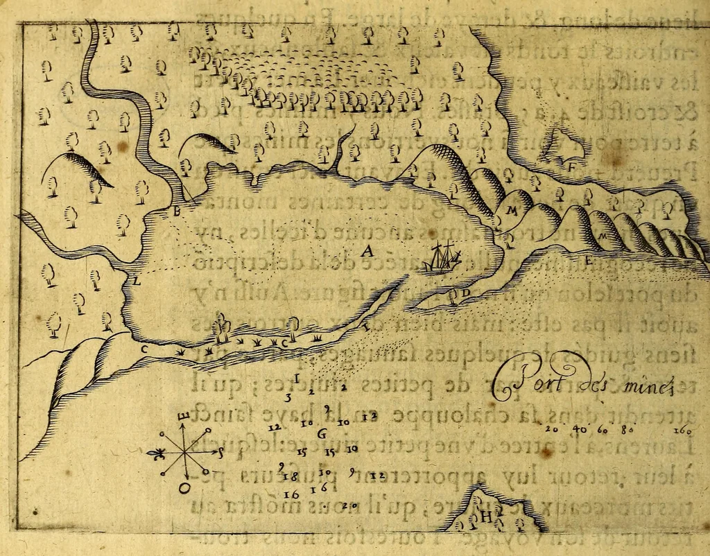 An illustration from Les voyages du sieur de Champlain Xaintongeois, capitaine ordinaire pour le roy, en la marine. : diuisez en deux liures. ou, iournal tres-fidele des obseruations faites és descouuertures de la Nouuelle France ... ensemble deux cartes geografiques ... à laquelle est adiousté le voyage du destroict qu'ont trouué les Anglois, au dessus de Labrador ... en l'an 1612. cerchans vn chemin par le Nord, pour aller à la Chine, 1613, leaf 54