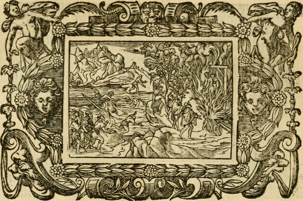 An illustration from Les vrais povrtraits des hommes illvstres en piete et doctrine : dv trauail desquels Diev s'est serui en ces derniers temps, pour remettre sus la vraye Religion en diuers pays de la chrestienté : auec les descriptions de leur vie & de leurs faits plus memorables : plvs, qvaranteqvatre emblemes chrestiens, 1581, leaf 295