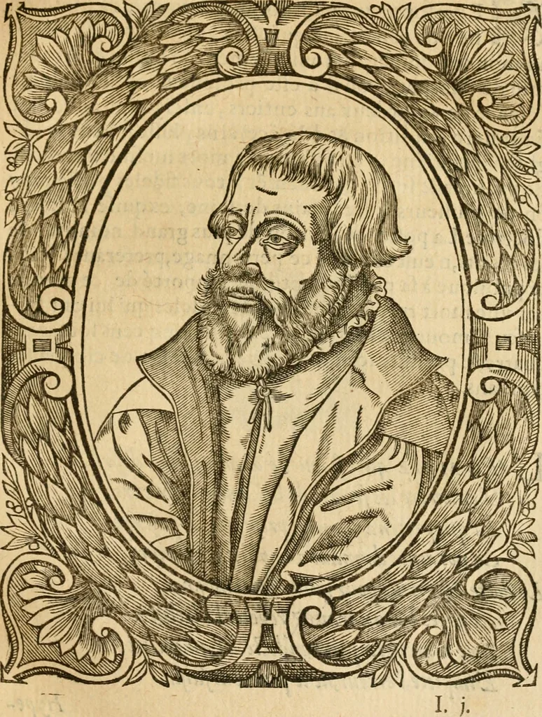 An illustration from Les vrais povrtraits des hommes illvstres en piete et doctrine : dv trauail desquels Diev s'est serui en ces derniers temps, pour remettre sus la vraye Religion en diuers pays de la chrestienté : auec les descriptions de leur vie & de leurs faits plus memorables : plvs, qvaranteqvatre emblemes chrestiens, 1581, leaf 76