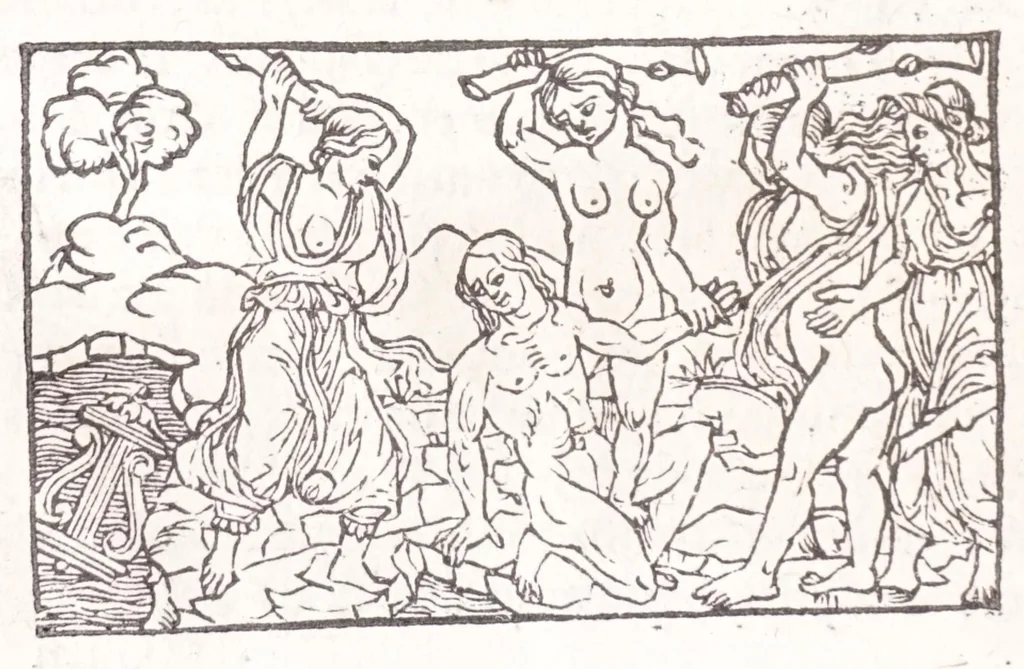 An illustration from Les XV. liures de la Metamorphose d'Ouide (poëte treselegãt) : contenans L'olympe des histoires poëtiques, traduictz de Latin en Francoys : le tout figuré de nouuelles figures & hystoires .., 1539, leaf 108