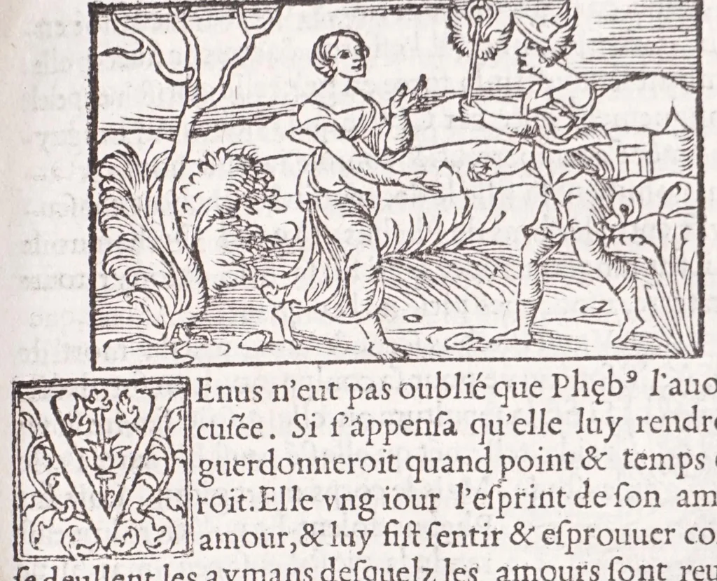 An illustration from Les XV. liures de la Metamorphose d'Ouide (poëte treselegãt) : contenans L'olympe des histoires poëtiques, traduictz de Latin en Francoys : le tout figuré de nouuelles figures & hystoires .., 1539, leaf 123