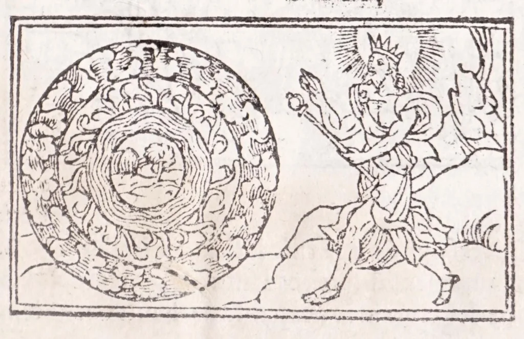 An illustration from Les XV. liures de la Metamorphose d'Ouide (poëte treselegãt) : contenans L'olympe des histoires poëtiques, traduictz de Latin en Francoys : le tout figuré de nouuelles figures & hystoires .., 1539, leaf 13