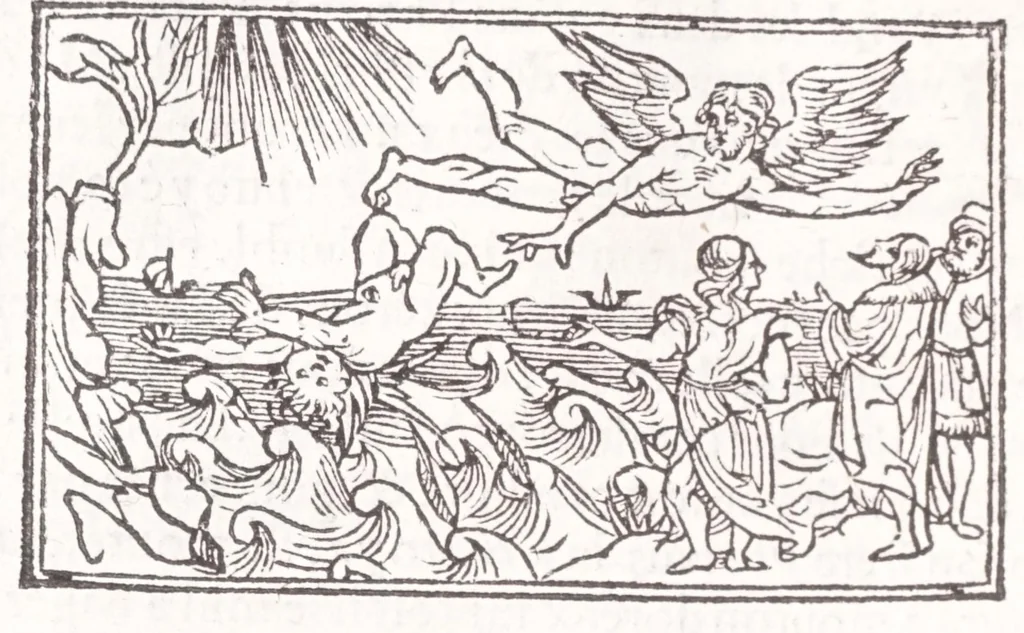 An illustration from Les XV. liures de la Metamorphose d'Ouide (poëte treselegãt) : contenans L'olympe des histoires poëtiques, traduictz de Latin en Francoys : le tout figuré de nouuelles figures & hystoires .., 1539, leaf 132